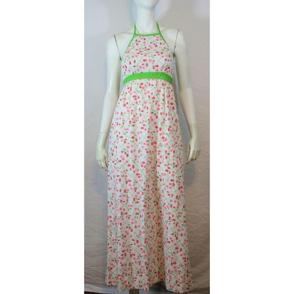 Vtg 60s Strawberry Eyelet Lace Maxi Boho Dress